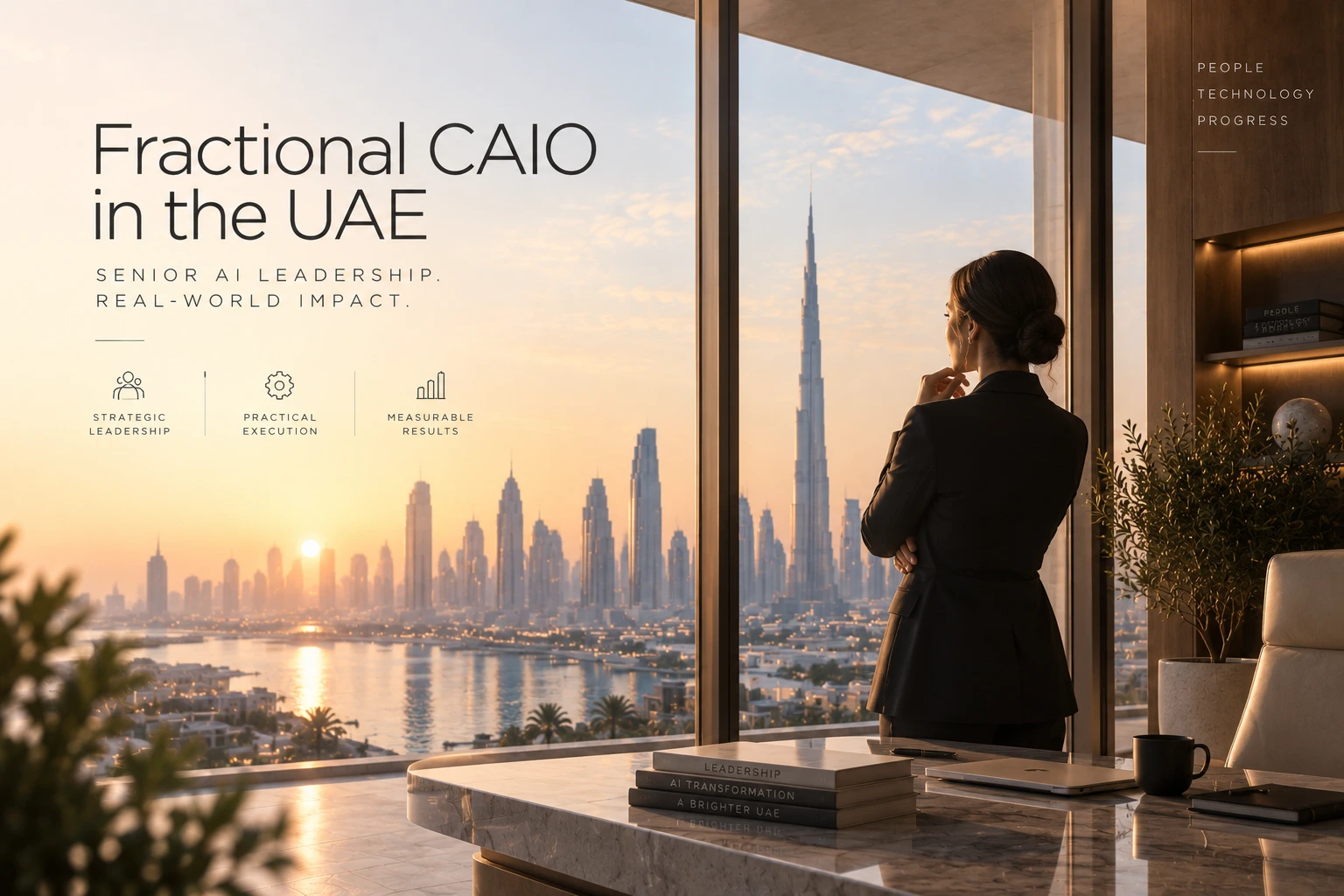 A senior AI leader looking out at the Dubai skyline at sunrise, representing fractional Chief AI Officer leadership in the UAE