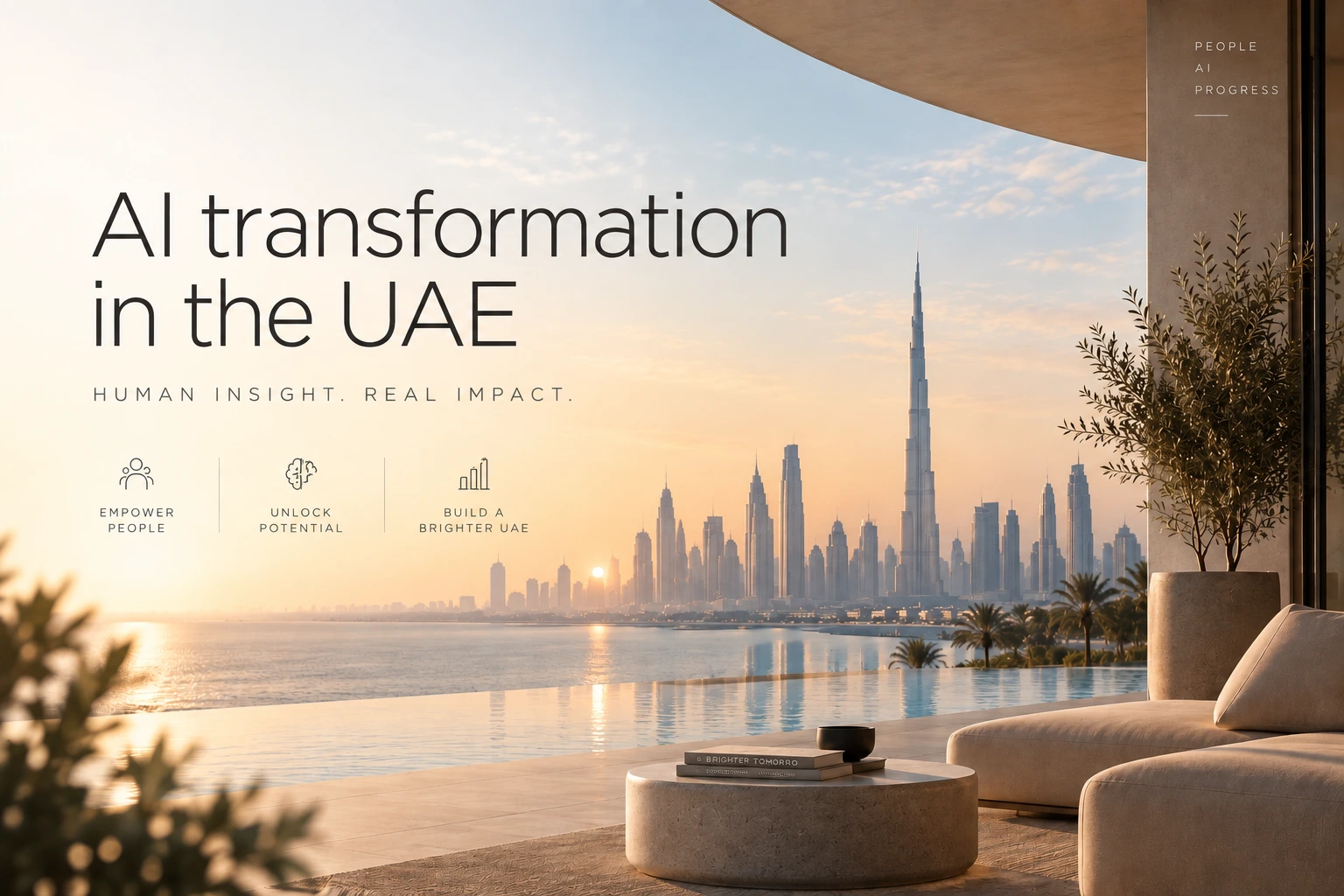 Dubai skyline at sunrise seen from a modern terrace, symbolising AI transformation in the UAE