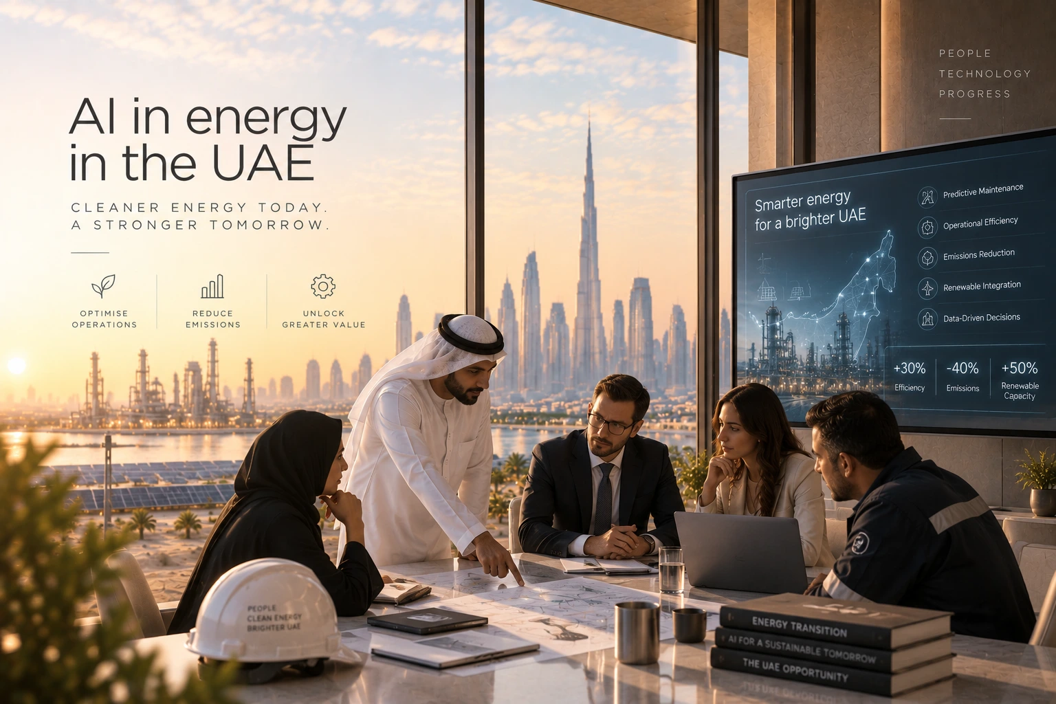 An energy team in a Dubai office reviewing AI insights on predictive maintenance and renewable capacity with solar panels and the skyline behind them