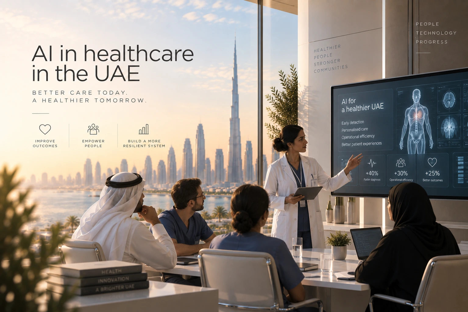 A UAE healthcare team reviewing AI-powered clinical insights on a large screen with the Dubai skyline behind them