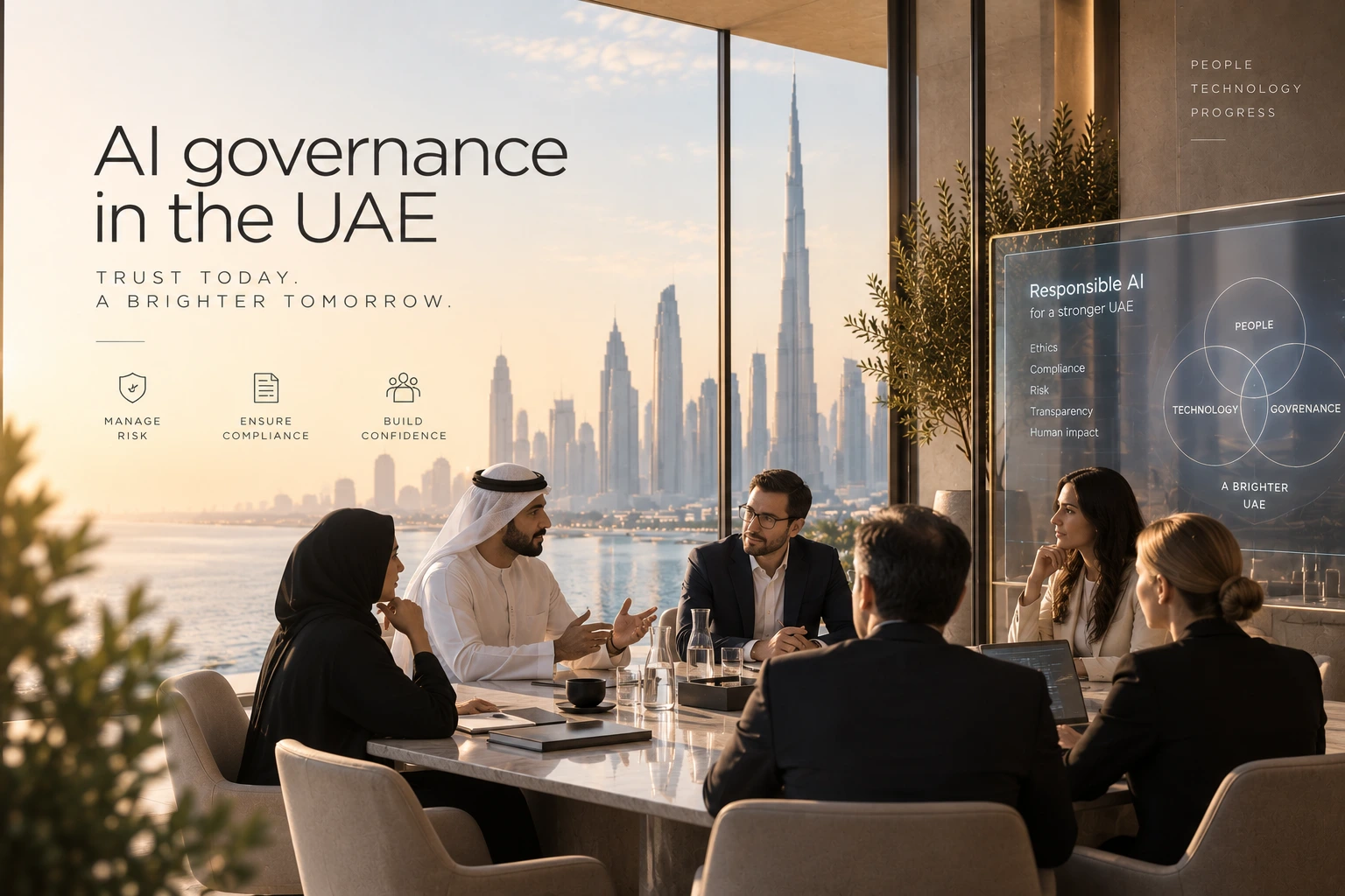 UAE business leaders discussing responsible AI governance with the Dubai skyline in the background