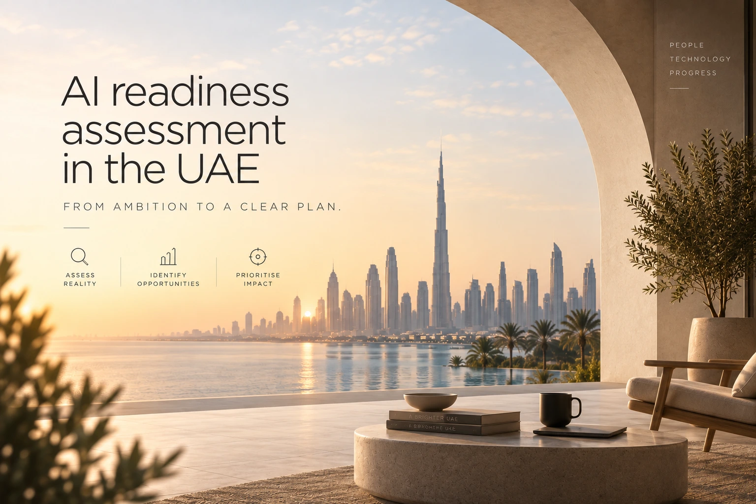 A calm Dubai terrace at sunrise with the skyline in the background, symbolising clarity and readiness for AI transformation