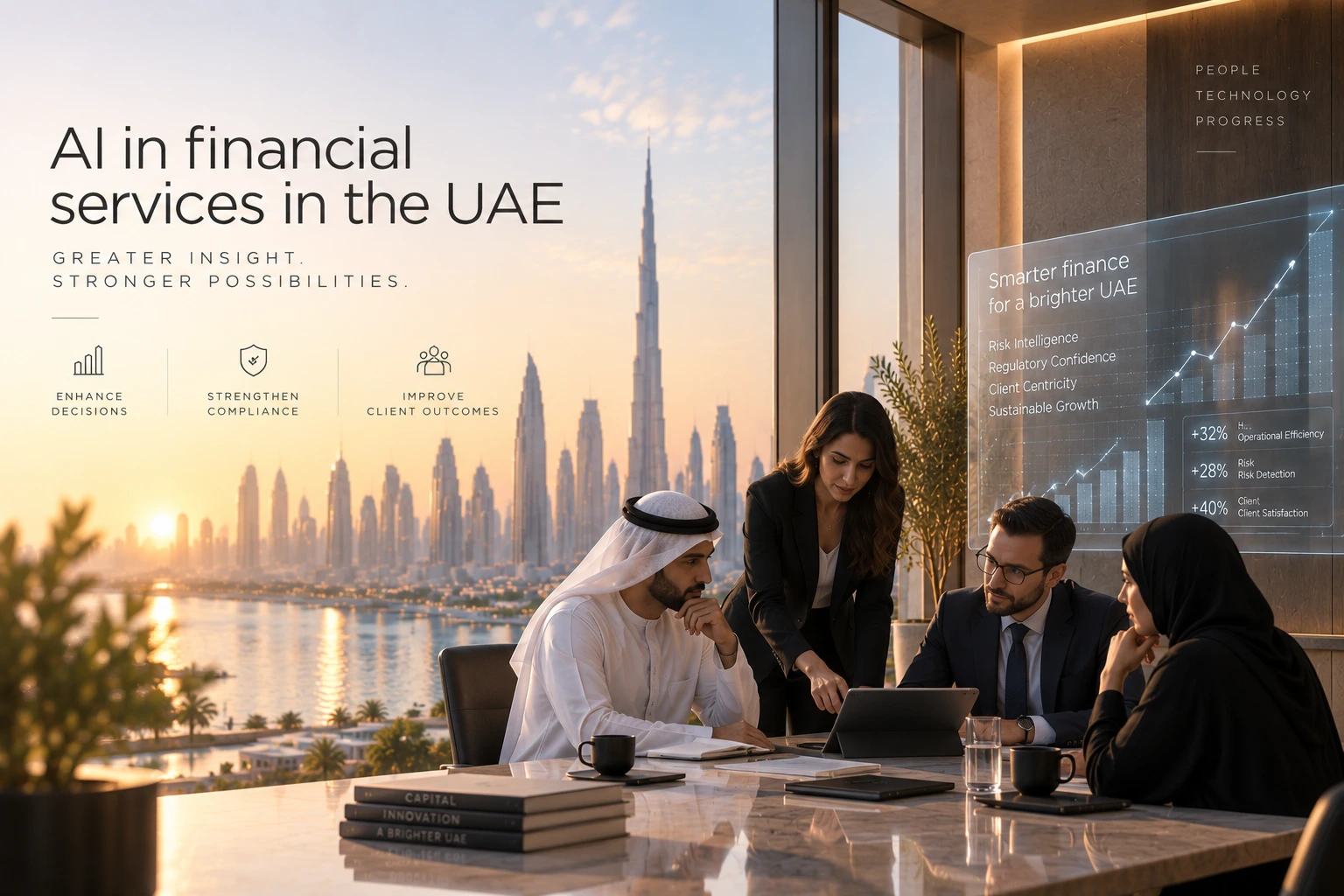 A UAE banking and finance team reviewing AI-powered risk and growth dashboards with the Dubai skyline behind them