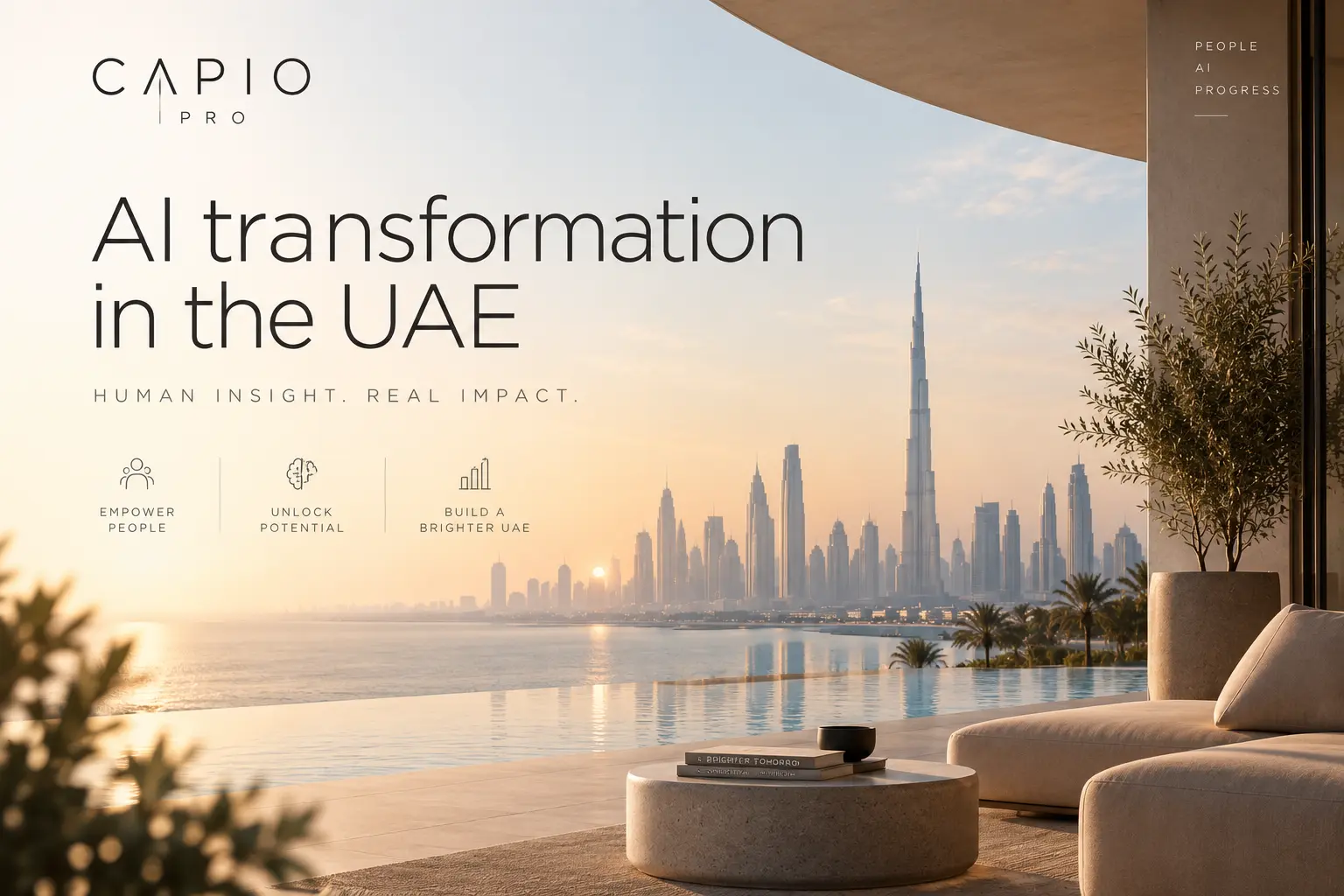 Dubai skyline at sunrise seen from a modern terrace, symbolising AI transformation in the UAE