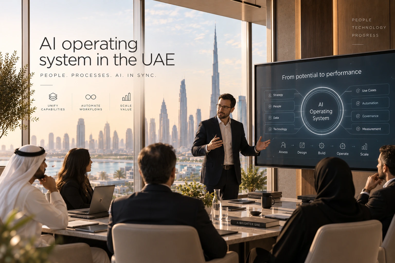A leadership team in a Dubai boardroom reviewing an AI operating system diagram with the city skyline behind them